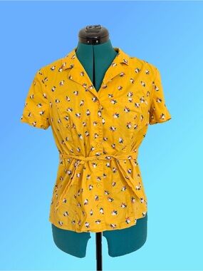 Modcloth Yellow Floral Button-Front Tie-Waist Shirt
